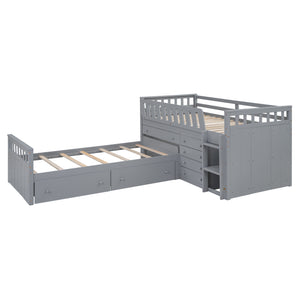 English Elm L-shaped Twin Loft Platform Bed with 7 Drawers Full Guardrails Kids White Pine LT000853AAE