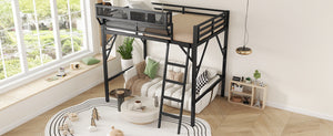 English Elm Full Size Loft Bed with Ladder & Built-In Shelves, Sturdy Metal High Loft for Kids Teens Black W2580P316646