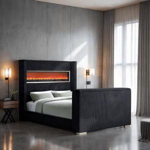 English Elm Black Eastern King Platform Bed Wingback Headboard with Motorized Tv Lift Fireplace Black,Multi B2741S00798