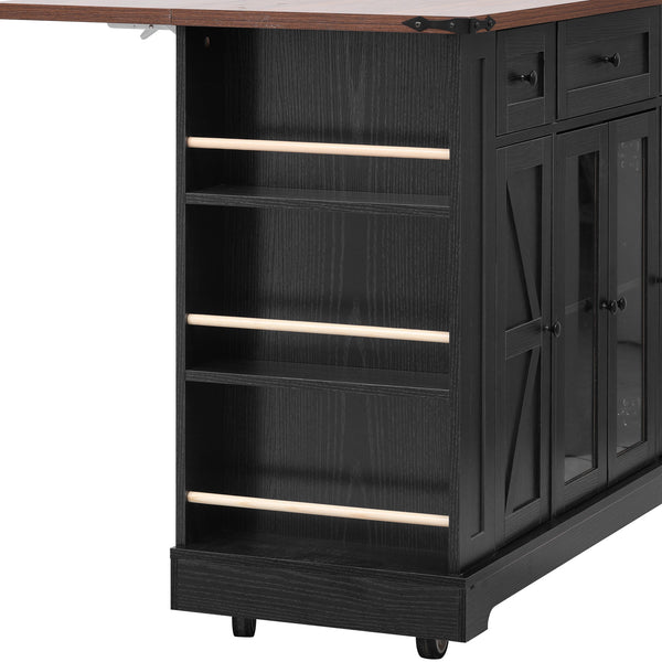 English Elm K&k Farmhouse Rolling Kitchen Island with Drop Leaf Tempered Glass Drawers and Power Outlet Black N707S263637B