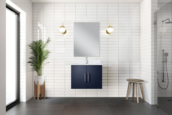 English Elm Navy Blue Single Bath Vanity Set With Cultured Marble Top, Mirror & Chrome Faucet - Compact Style! B2731S01300