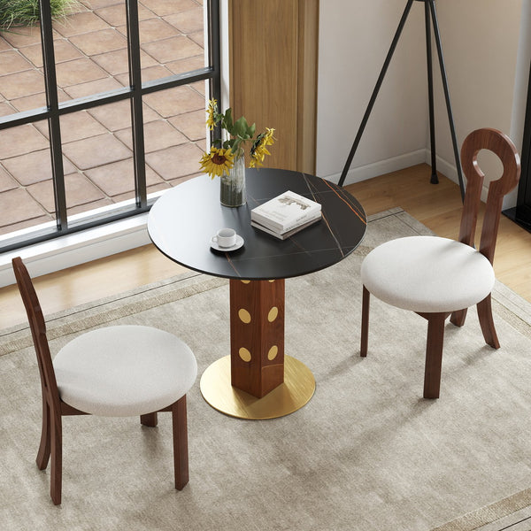 English Elm Modern Round Dining Table - 33.5" Sintered Stone Top, Wooden Legs & Gold Base, Perfect For Small Spaces W1535S00578