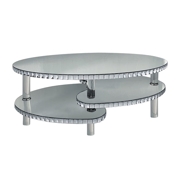 English Elm Silver Mirrored Oval Coffee Table Crystal Trim Acrylic Legs Glam Living Room Decor W3836P382489