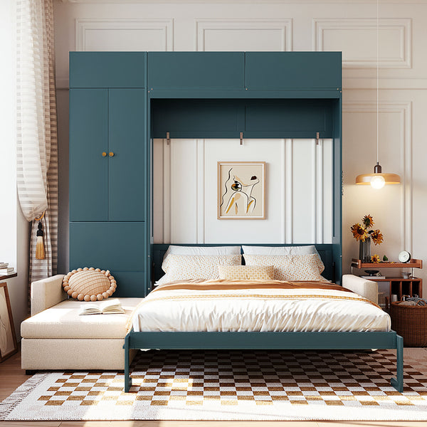English Elm Queen Murphy Bed with L-shaped Velvet Sofa Storage Cabinets for Studio Living Green LP000765AAA-1