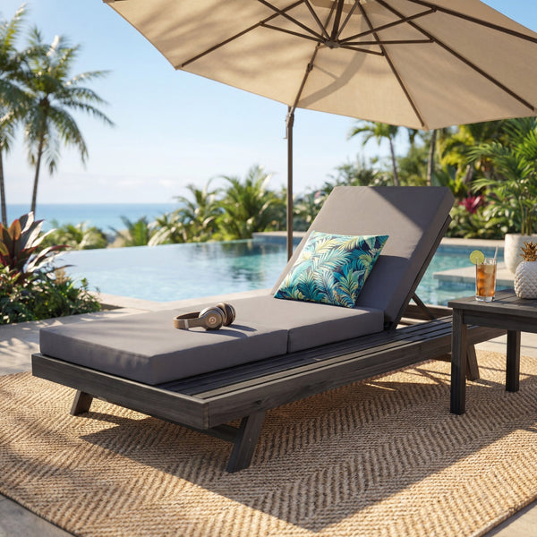 English Elm Lounge Chaise Outdoor Acacia Wood Slatted Frame with Water Resistant Cushion Resort Style Black,Dark Grey N770P442B26G