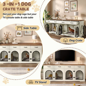 English Elm 70.8" Dual Dog Kennel Console Mdf Cabinet with Arched Iron Doors and Four Drawers N704G201616A