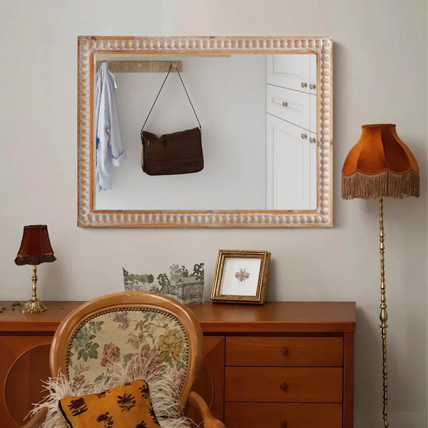 English Elm 22x30 Wood Framed Mirror Antique Natural Farmhouse Wall Mounted Rectangle Vanity Mirror with Beaded Trim for Bathroom Bedroom Hallway W2295P290649