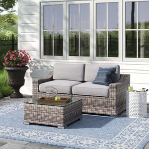 English Elm Fully Assembled 2-Person Wicker Seating Set With Plush Cushions For Stylish Outdoor Relaxation B120S00032