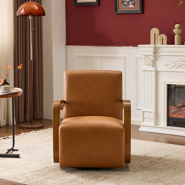 English Elm single-person ergonomic swivel leisure sofa chair in antique brown faux leather with casters and lumbar support W3248P354244