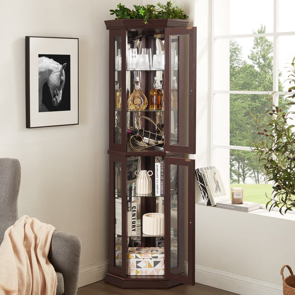 English Elm Lighted Corner Curio Cabinet - Elegant Glass Display With Adjustable Shelves & Ambient Lighting - Dark Cherry W1758P300130