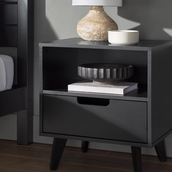 Hans Sleek Mid-Century Modern Nightstand with 1 Drawer and Open Cubby for Stylish Storage Solutions