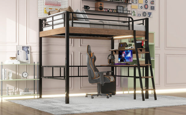 English Elm Metal Full Size Loft Bed with LED Light, Built-In Full-Length Desk, Storage Shelf & Ladder — Space-Saving Industrial Black, Sturdy Metal Frame for Study & Sleep GX001120AAB