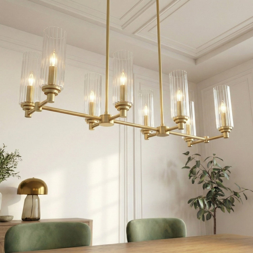 English Elm Willow Eight Light Linear Island Pendant Satin Brass Ribbed Glass Kitchen Fixture B183P231769