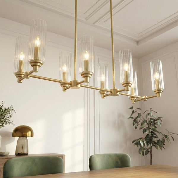 English Elm Willow Eight Light Linear Island Pendant Satin Brass Ribbed Glass Kitchen Fixture B183P231769