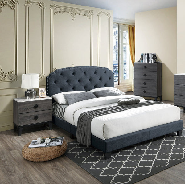 English Elm Light Gray Burlap Upholstered Twin Bed with Button Tufted Headboard and Nailhead Trim Charcoal B011P415171
