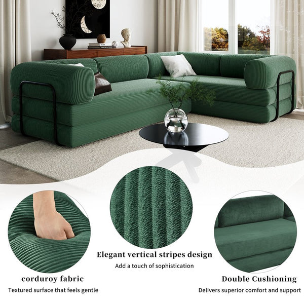English Elm U_style Modular Corduroy Sectional Sofa Converts to Guest Bed for Apartment Living Green WY000463AAC