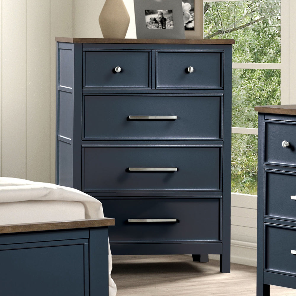 English Elm Modern Two-Tone Farmhouse Chest 8-Drawer Blue & Dark Brown with English Dovetail, Ball-Bearing Glides, Nickel Hardware B2741P369866