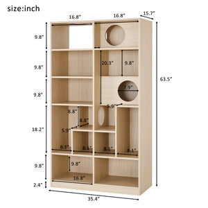 English Elm Modern 2 IN 1 Wood Bookshelf Cat House with Storage & Litter Box Enclosure, Natural Multi-Use Climbing Shelf 35.4"L x 15.7"W x 63.5"H N843P254852N