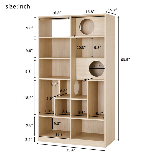 English Elm Modern 2 IN 1 Wood Bookshelf Cat House with Storage & Litter Box Enclosure, Natural Multi-Use Climbing Shelf 35.4"L x 15.7"W x 63.5"H N843P254852N