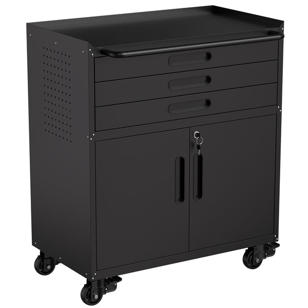 English Elm 34.3" Rolling Steel Workshop Cabinet with 3 Drawers Lockable Doors and Pegboard Sides W2735P428815