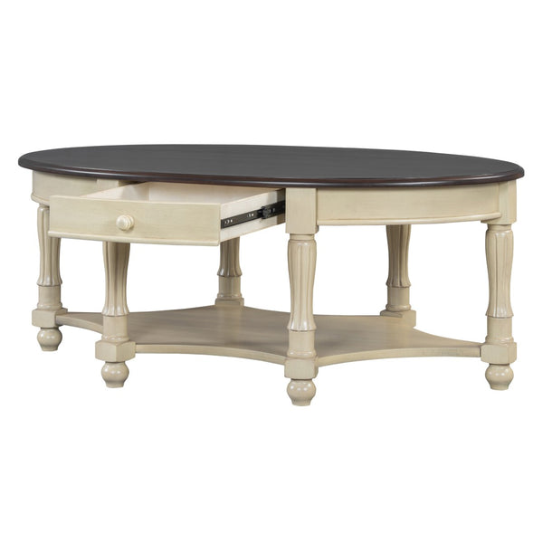 English Elm Vintage Oval Coffee Table With Drawer & Storage Shelf - French Country Charm For Living Rooms N735P277388K-GIGA