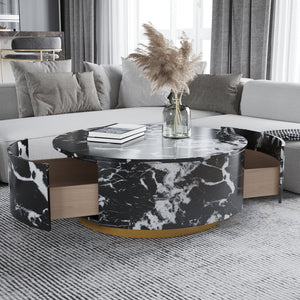 English Elm Tavola Round Coffee Table with Marble Pattern Top and Metal Legs, Two Drawers for Stylish Storage Black B341P321162