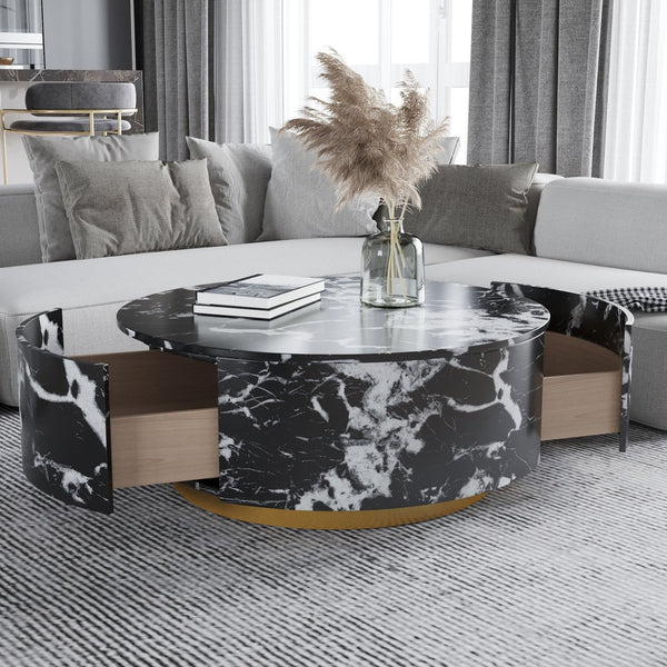 English Elm Tavola Round Coffee Table with Marble Pattern Top and Metal Legs, Two Drawers for Stylish Storage Black B341P321162