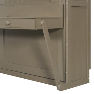 English Elm Queen Murphy Bed Cabinet with Vanity Desk Hydraulic Lift Mirror Distressed Finish Gray LP000766AAE-1