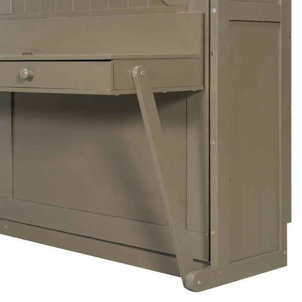 English Elm Queen Murphy Bed Cabinet with Vanity Desk Hydraulic Lift Mirror Distressed Finish Gray LP000766AAE-1