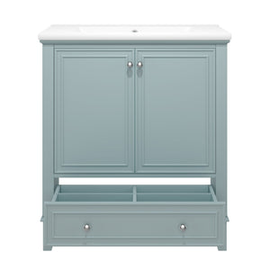 English Elm 30" Bathroom Vanity with Sink — Modern Freestanding 30" Cabinet with Ceramic Top, Drawer, Doors, Shelf Green N725P221263C