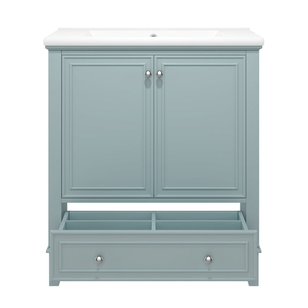 English Elm 30" Bathroom Vanity with Sink — Modern Freestanding 30" Cabinet with Ceramic Top, Drawer, Doors, Shelf Green N725P221263C