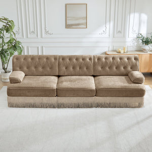 English Elm 3-seater Velvet Sofa with Button Tufting Tassel Fringe Skirt Modular Living Room Design Camel W714S01696