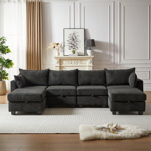 English Elm 113.5'' Modular Sectional Sofa with Storage Ottoman, Convertible U or L Shape Sleeper for 6 Seats Black W834S00250