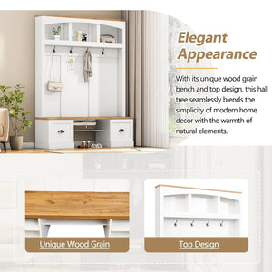 English Elm On-Trend Farmhouse 4-In-1 Hall Tree With Stylish Storage Bench, Hooks, And Adjustable Shelves, White N721S000038K