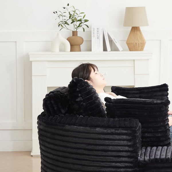 English Elm 55''l 55'l Faux Rabbit Fur Barrel Swivel Chair Cozy 360 Rotation Lounge Seat for Bedroom Black W834S00597