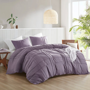 JLA Home Comfort Spaces - Soft Washed Pleated Duvet Cover Set with Grid Pinch-Pleat, OEKO-TEX Soft Microfiber, All-Season Comfort Purple AM12-0435
