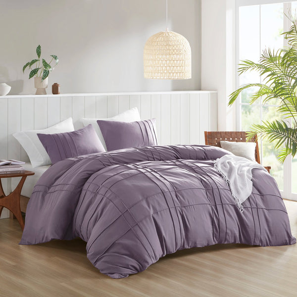 JLA Home Comfort Spaces - Soft Washed Pleated Duvet Cover Set with Grid Pinch-Pleat, OEKO-TEX Soft Microfiber, All-Season Comfort Purple AM12-0435