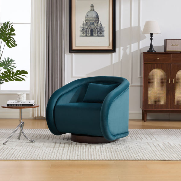 English Elm Swivel Barrel Chair Pumpkin Sculptural Velvet Upholstered with Walnut Wood Round Base Teal W3244P427742