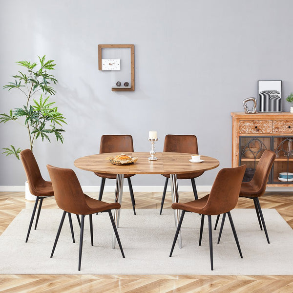 English Elm Table and Chair Set Extendable Round to Oval Wood Grain Mdf with Six Upholstered Seats W1151S03967
