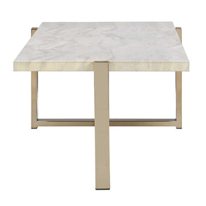 English Elm White Faux Marble Coffee Table with Champagne Geometric Metal Base — Modern Luxe, Durable Design B062P189196