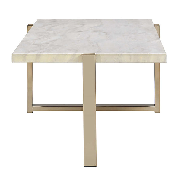 English Elm White Faux Marble Coffee Table with Champagne Geometric Metal Base — Modern Luxe, Durable Design B062P189196