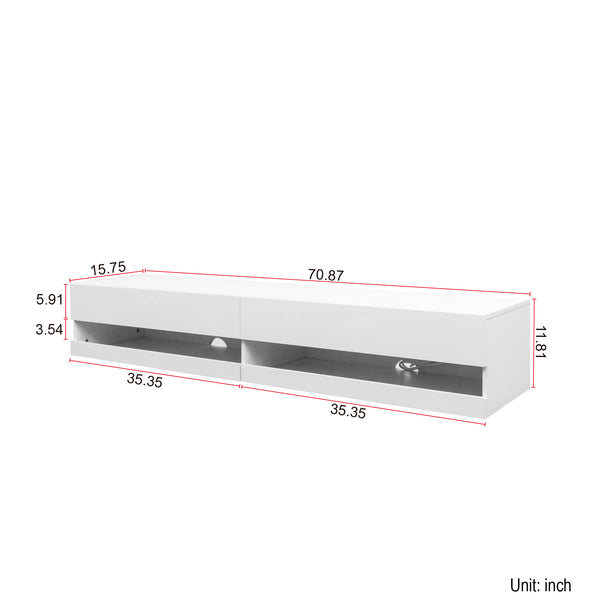 English Elm 180 Wall Mounted Floating 80" TV Stand with 20-Color LED Accent Lighting and Built-In Charging Station White W331P225207
