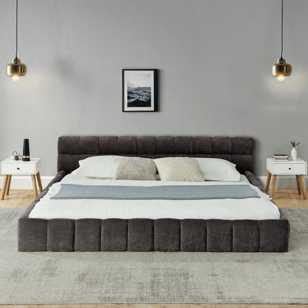 English Elm California King Upholstered Platform Bed Frame In Dark Gray - No Box Spring, Modern Chenille Design W487P311321