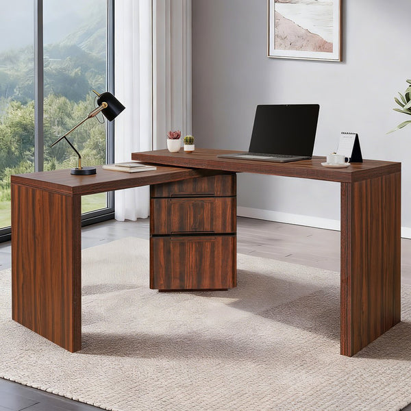 English Elm 90" Rotating L-shape Executive Desk Natural Melamine Mdf Surface Three Drawers Home Office Walnut N751S383638W