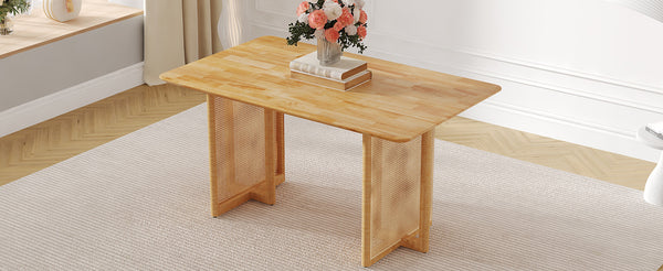 English Elm Chinese country retro solid dining table with imitation rattan legs, solid rubber frame, versatile desk Wood W1151P154592