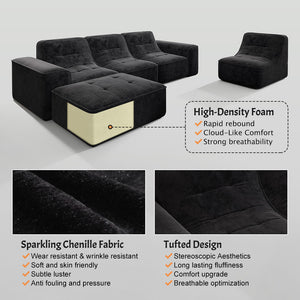 English Elm 143.7" Modern Modular Sectional Sofa Set with Removable Ottoman, Tufted Sparkling Chenille, Deep Seat Comfort Black W3219S00004