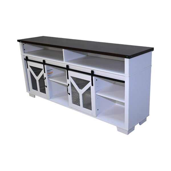 English Elm 65.3" TV Stand with LED Ambience, Sliding Iron Mesh Barn Doors, Y-Accent Rustic Farmhouse Storage White+Walnut W1412P271798