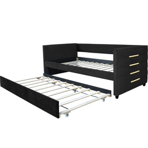 English Elm MODERN Twin Daybed with Trundle in Black Velvet Upholstery, Gold Accents, Space-Saving Guest Bed W1867S00012