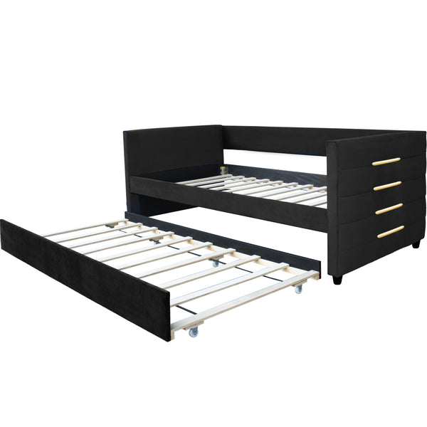 English Elm MODERN Twin Daybed with Trundle in Black Velvet Upholstery, Gold Accents, Space-Saving Guest Bed W1867S00012