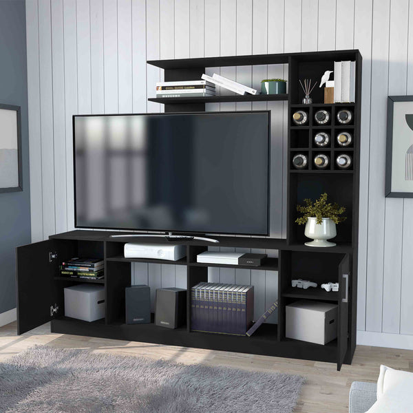 English Elm Vibrant Black Entertainment Center for TVs up to 78" — Double Door Cabinet, 6 Shelves, Ample Storage B128S00159